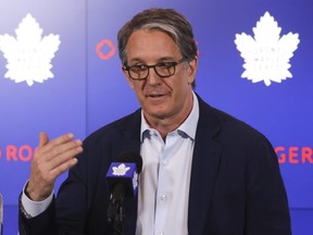 Maple Leafs president Brendan Shanahan talks to reporters on Friday.