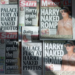 An arrangement of British daily newspapers photographed in London on Aug. 23, 2012 shows the front-page headlines and stories regarding nude pictures of Prince Harry.