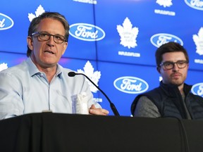 Brendan Shanahan, left, President of the Toronto Maple Leafs and Maple Leafs general manager Kyle Dubas speak to the media after being eliminated in the first round of the NHL Stanley Cup playoffs during a press conference in Toronto on Tuesday, May 17, 2022.