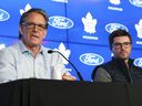 Brendan Shanahan, left, President of the Toronto Maple Leafs and Maple Leafs general manager Kyle Dubas speak to the media after being eliminated in the first round of the NHL Stanley Cup playoffs during a press conference in Toronto on Tuesday, May 17, 2022. 