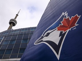 The Blue Jays logo is pictured ahead of MLB baseball action in Toronto on Wednesday, April 27, 2022.