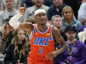 Oklahoma City Thunder guard Shai Gilgeous-Alexander celebrates after scoring against the Utah Jazz during the second half on Thursday, April 6, 2023, in Salt Lake City.