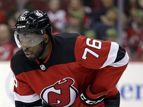 New Jersey Devils defenseman P.K. Subban skates against the Montreal Canadiens during the second period of an NHL hockey game Sunday, March 27, 2022, in Newark, N.J.