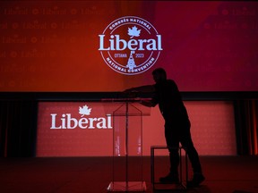 The lectern is installed before keynote addresses at the 2023 Liberal National Convention in Ottawa, on Thursday, May 4, 2023.