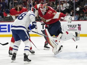 Florida Panthers goaltender Sergei Bobrovsky (72) defends the goal against Toronto Maple Leafs right wing William Nylander, left, during the first period of Game 4 on Wednesday.