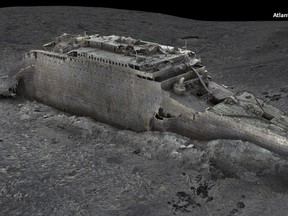 In this grab taken from a digital scan released by Atlantic/Magellan on Thursday, May 18, 2023, a view of the bow of the Titanic, in the Atlantic Ocean created using deep-sea mapping. Deep-sea researchers have completed the first full-size digital scan of the Titanic wreck, showing the entire relic in unprecedented detail and clarity, the companies behind a new documentary on the wreck said Thursday. (Atlantic/Magellan via AP)