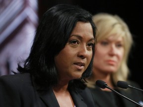 Caledon Mayor Annette Groves speaks at a news conference in the Ontario Parliament on Thursday, May 18, 2023 while Mississauga Mayor Bonnie Crombie listens in Toronto.