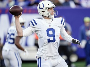 Indianapolis Colts' Nick Foles throws a pass during the first half of an NFL football game against the New York Giants, Sunday, Jan. 1, 2023, in East Rutherford, N.J.