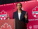 Charmaine Crooks addresses the Canadian Soccer Association 2014 annual general meeting in Vancouver in a handout photo. 