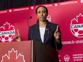 Charmaine Crooks addresses the Canadian Soccer Association 2014 annual general meeting in Vancouver in a handout photo.