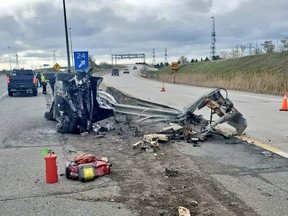 An image posted by OPP of a single-vehicle crash on Hwy. 407 at Hwy. 403 on Tuesday, May 2, 2023.