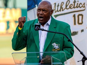 Former pitcher Vida Blue of the Oakland Athletics speaks as he is inducted into the team's Hall of Fame before the game against the Texas Rangers at the RingCentral Coliseum on Sept. 21, 2019 in Oakland, Calif.