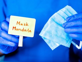 Concept of Mask mandate, Doctor Showing Mask with Mask mandate sign board to protect against coronavirus or covid-19 pandemic at hopsital.
