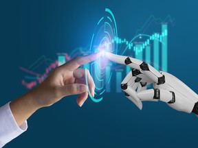 A human and robotic hand touch fingers.