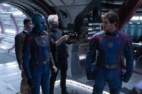 James Gunn directs Chris Pratt and Karen Gillan in a scene from Guardians of the Galaxy Vol. 3.