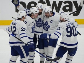 Mitch Marner celebrates his third-period goal that stood up as the winner in Game 4 against the Florida Panthers on Wednesday.