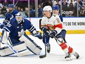 May 2, 2023; Toronto, Ontario, CANADA;  Florida Panthers forward Nick Cousins (21) pursues the play past Toronto Maple Leafs goalie Ilya Samsonov (35) in the second  period in game one of the second round of the 2023 Stanley Cup Playoffs at Scotiabank Arena.