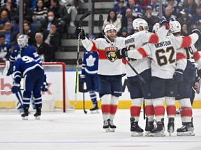 Florida Panthers' Brandon Montour celebrates with teammates after scoring against the Maple Leafs during the third period in Game 1 of the second round one of the second round of the Stanley Cup playoffs at Scotiabank Arena on Tuesday, May 3, 2023.