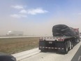 View of traffic during a dust storm along the I-55 highway in Springfield, Illinois, Monday, May 1, 2023 in this still image obtained from social media video.