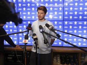 Leafs goalie Ilya Samsonov speaks to the media.
