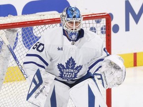 Goaltender Joseph Woll of the Maple Leafs warms up prior to action against the Panthers in Game 4 of the second round of the 2023 Stanley Cup Playoffs at the FLA Live Arena in Sunrise, Fla., May 10, 2023.