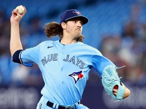 Blue Jays starting pitcher Kevin Gausman delivers a pitch in the first inning against the Yankees at Rogers Centre in Toronto, Tuesday, May 16, 2023.