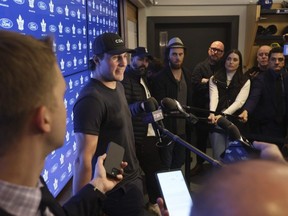 Rugged Maple Leafs defenceman Luke Schenn holds court with media on Monday. Schenn, who played well with the Leafs, is an unrestricted free agent.