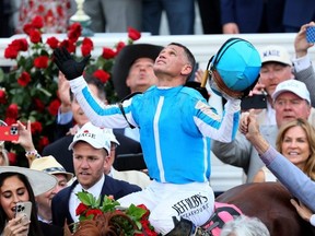 Jockey Javier Castellano celebrates atop of Mage after winning the 149th running of the Kentucky Derby at Churchill Downs on May 06, 2023 in Louisville, Ky. GETTY IMAGES