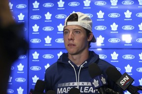 Maple Leafs winger Mitch Marner spoke with media. His no-trade clause kicks in on July 1. JACK BOLAND/TORONTO SUN