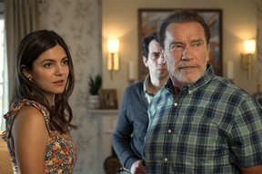 Monica Barbaro, Jay Baruchel and Arnold Schwarzenegger in a scene from FUBAR.