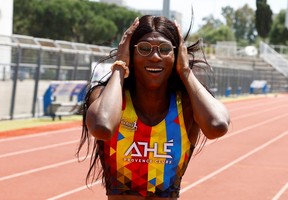 French sprinter Halba Diouf, 21, a transgender woman athlete who dreams to compete at the Paris 2024 Olympics and Paralympics Games, reacts after winning the 200 Metres race during the first round of the Athletics Interclubs competition in Nice, France, May 7, 2023. REUTERS/Eric Gaillard
