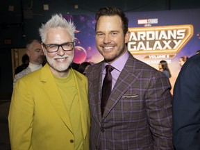 James Gunn and Chris Pratt attend the Guardians of the Galaxy Vol. 3 premiere at the Dolby Theatre in Hollywood.