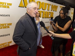 Robert De Niro answers questions during the red carpet for the Chicago premiere of "About My Father" at the AMC River East, Saturday, May 6, 2023.