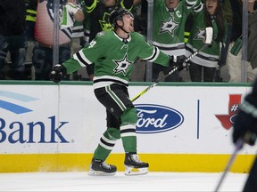 Dallas Stars centre Roope Hintz celebrates after he scores a goal on a breakaway shot against Seattle Kraken goaltender Philipp Grubauer (not pictured) during the second period in game seven of the second round of the 2023 Stanley Cup Playoffs at the American Airlines Center in Dallas, Texas, May 15, 2023.