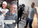 Screen shots of two teen pranksters, left, and a prankster with a homeowner after barging into a London home. 