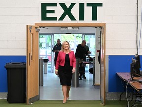 Sinn Fein northern leader Michelle O'Neill arrives at the Magherafelt count centre as the count continues in the Northern Ireland council elections on May 19, 2023 in Magherafelt, Northern Ireland.