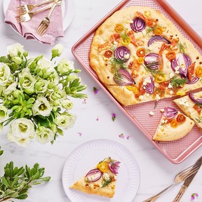 Spring vegetable focaccia makes for a light brunch, perfect for Mother’s Day.