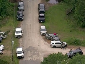 An aerial view shows the wooded area where a search is being conducted for Francisco Oropeza, 38,  who police say shot dead five neighbors in Cleveland, Texas April 29, 2023 in a still image from video.