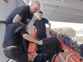 Framegrab from clash between Toronto FC fans and CF Montreal soccer fans at the end of the quarter-final match of the Canadian Championship.