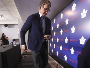 Maple Leafs president Brendan Shanahan leaves the podium after announcing that Kyle Dubas will not be back with the organization as general manager in Toronto on Friday, May 19, 2023. JACK BOLAND/TORONTO SUN