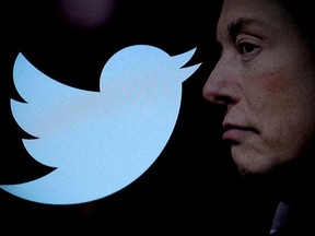 Twitter logo and a photo of Elon Musk are displayed through magnifier in this illustration taken October 27, 2022.