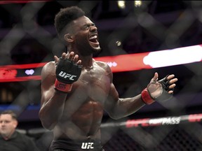 Aljamain Sterling celebrates after defeating Cody Stamann in their bantamweight mixed martial arts bout at UFC 228 on Saturday, Sept. 8, 2018, in Dallas.