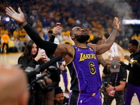 May 4, 2023; San Francisco, California, United States; Los Angeles Lakers forward LeBron James (6) throws powder in the air before the start of game two of the 2023 NBA Playoffs against the Golden State Warriors at the Chase Center.