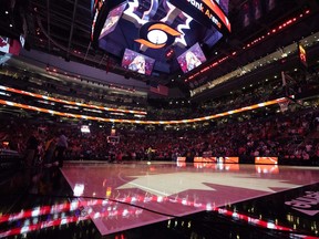 A general view of Scotiabank Arena during the anthem before the first ever WNBA game in Canada between Chicago Sky and Minnesota Lynx on May 13, 2023 in Toronto.