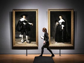 The paintings Marten & Oopjen by Rembrandt are displayed  at the Rijksmuseum as part of the exhibition "All the Rembrandts", on February 13, 2019 in Amsterdam.