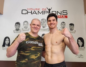 Head coach Kru Alin Halmagean with Mike (Proper) Malott at House of Champions in Stoney Creek, Ont., ahead of his fight at UFC 289 in Vancouver, B.C., on June 10, 2023.