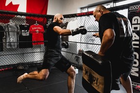 Head coach Kru Alin Halmagean trains Kyle (The Monster) Nelson at House of Champions in Stoney Creek, Ont., ahead of his fight at UFC 289 in Vancouver, B.C., on June 10, 2023.