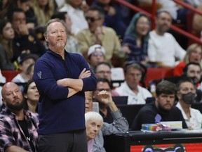 Apr 22, 2023; Miami, Florida, USA; Milwaukee Bucks head coach Mike Budenholzer looks on from the sideline in the third quarter against the Miami Heat during game three of the 2023 NBA Playoffs at Kaseya Center.