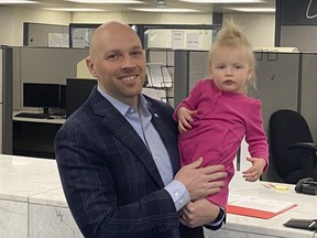 Brad Bradford is pictured with his his daughter Briar as he filed his nomination papers at city hall on April 3, 2023.