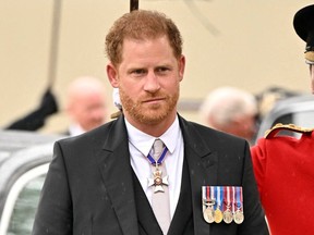 Prince Harry arrives for the coronation of King Charles at Westminster Abbey, London, Britain, May 6, 2023.